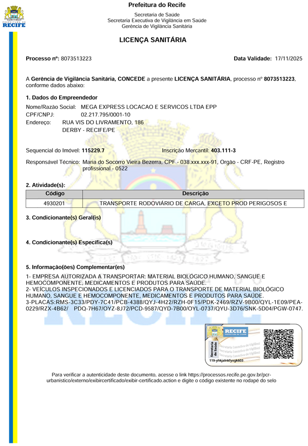 Licença Sanitária Licença Sanitária Mega RECIFE 2023-2025